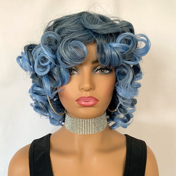 Curly Black & Pale Blue “Put On & Go” Premium Fiber Wig for Daily Wear or Events - Picture 1 of 9